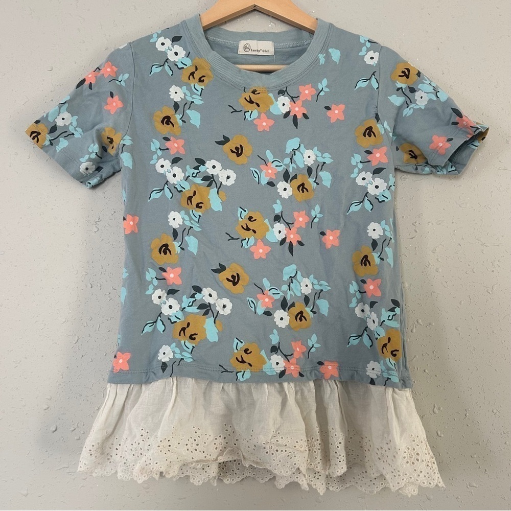 🦋 Lucky Girl Blue White Pink Short Sleeve T-Shirt Blouse Small Casual Pastel 💖